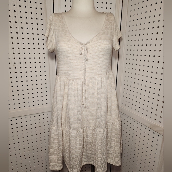 See You Monday Cream Beige Mini Dress Short Sleeve Tie Neck Large - Picture 1 of 9